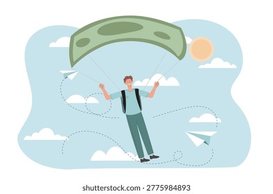 A man gliding with a money-shaped parachute in a simple flat graphic style on a bright sky background with clouds and paper planes, symbolizing financial freedom. Hand-drawn vector illustration