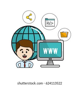 man with global computer connect service and digital icons
