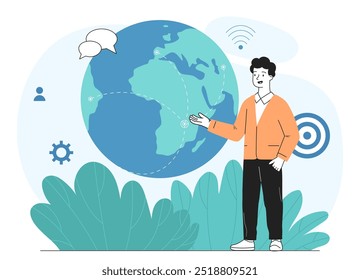 Man with global network. Young guy with globe and messages. Communication in social networks and messengers. International connection. Linear vector illustration isolated on white background