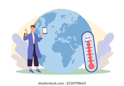 Hombre con calentamiento global. Joven de pie cerca del planeta con el termómetro. Eco activista lucha contra el cambio climático. Preocuparse por la ecología, la naturaleza y el medio ambiente. Ilustración vectorial plana