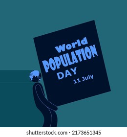 The man and globe icon holds up a box that reads Word Population day, 11 July. vector flats

