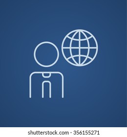 Man with globe line icon for web, mobile and infographics. Vector light blue icon isolated on blue background.