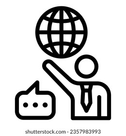 Man, globe and speech bubble, teacher line icon, communication concept, international vector sign on white background, outline style icon for mobile concept and web design. Vector graphics