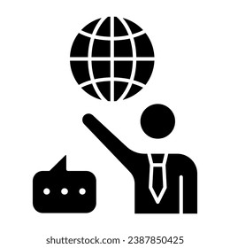 Man, globe and speech bubble, teacher solid icon, communication concept, international vector sign on white background, glyph style icon for mobile concept and web design. Vector graphics