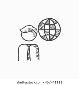 Man with globe vector sketch icon isolated on background. Hand drawn Man with globe icon. Man with globe sketch icon for infographic, website or app.