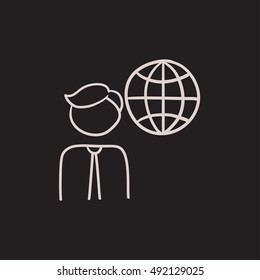 Man with globe vector sketch icon isolated on background. Hand drawn Man with globe icon. Man with globe sketch icon for infographic, website or app.