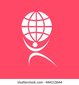 Man With Globe white icon on magenta color background.. Eps-10.