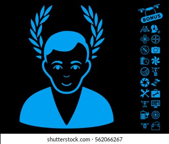 Man Glory icon with bonus quad copter tools clip art. Vector illustration style is flat iconic blue symbols on black background.