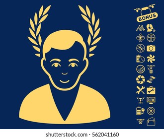 Man Glory icon with bonus quadrocopter service pictograph collection. Vector illustration style is flat iconic yellow symbols on blue background.