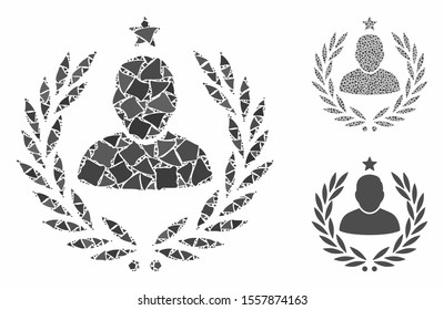 Man glory laurel emblem composition of bumpy items in different sizes and shades, based on man glory laurel emblem icon. Vector abrupt items are combined into collage.