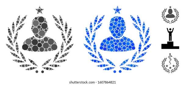Man glory laurel emblem mosaic of round dots in variable sizes and color hues, based on man glory laurel emblem icon. Vector round dots are organized into blue collage.