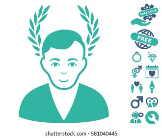 Man Glory pictograph with bonus lovely clip art. Vector illustration style is flat iconic cobalt and cyan symbols on white background.