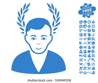 Man Glory pictograph with bonus settings pictograph collection. Vector illustration style is flat iconic cobalt symbols on white background.