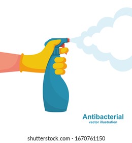 Man in gloves holds a bottle of antiseptic spray. Antibacterial flask kills bacteria. Disinfectant concept. Vector illustration flat design. Isolated on white background. Coronavirus protection.