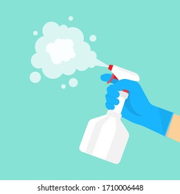 Man in gloves holds bottle of antiseptic spray. Disinfectant concept. Close-up. Vector flat design