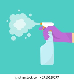 Man in gloves holds bottle of antiseptic spray. Disinfectant concept. Close-up. Vector flat design