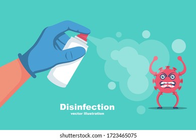 Man in gloves holds a bottle of antiseptic spray. Antibacterial flask kills bacteria. Disinfectant concept. Vector illustration flat design. Isolated on white background. Coronavirus protection.