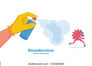 Man in gloves holds a bottle of antiseptic spray. Antibacterial flask kills bacteria. Disinfectant concept. Vector illustration flat design. Isolated on white background. Coronavirus protection.