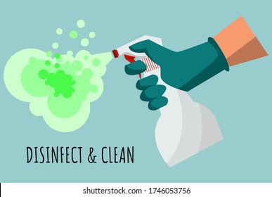 Man in gloves holds a bottle of antiseptic spray. Antibacterial flask kills bacteria. Disinfectant concept. Vector illustration flat design. Isolated on white background. Coronavirus protection.