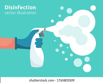 Man in gloves holds bottle of antiseptic spray. Antibacterial flask kills bacteria. Disinfectant concept. Vector flat design. Hygiene home and personal hygiene. Landing page coronavirus protection. 