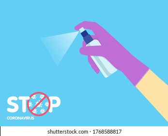 Man in gloves holds bottle of antiseptic spray. Disinfectant concept. Antibacterial flask kills bacteria. Hygiene home and personal hygiene. Stop 2019-nCoV. Prevention epidemic.Vector flat design.