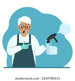 A man in gloves holds a spray bottle with disinfectant liquid, antiseptic or detergent. Home disinfection and hygiene. Vector flat illustration.