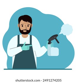 A man in gloves holds a spray bottle with disinfectant liquid, antiseptic or detergent. Home disinfection and hygiene.