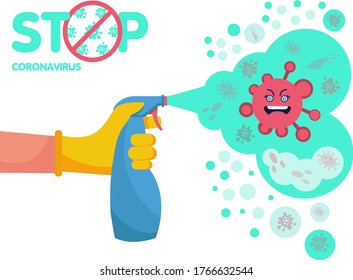 Man with gloves spray kills a virus bacterium. Disinfection coronavirus. Disinfectant solution. Vector illustration cartoon design. Isolated on white background. Prevention epidemic. Stop 2019-nCoV. 