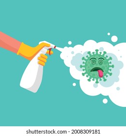 El hombre con spray de guantes mata la ilustración vectorial de una bacteria del virus, rociando el spray antibacteriano de desinfectado. Prevención del coronavirus