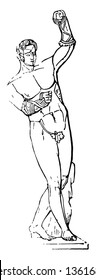 A man with gloves throwing punches in the air, vintage line drawing or engraving illustration.