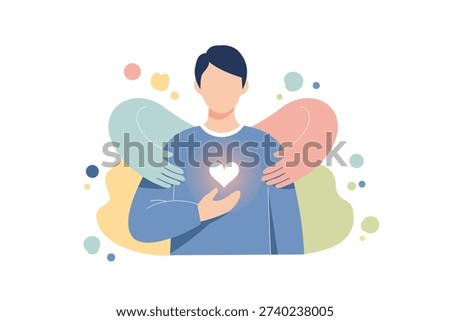 Man with glowing heart embraced by supportive hands and abstract shapes