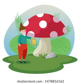 man gnome with lamp and fungus plant