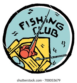 Man go fishing. Sits in a boat with fishing rod in his hands. Top view. River, lake. Fishing club text.