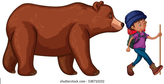 Man go hiking with big bear behind him illustration