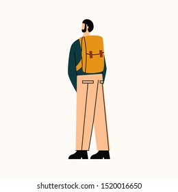 Man go on trip. Man standing backwards and looking at something with backpack. Flat vector illustration