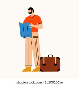 Man go on trip. Man standing with suitcase and studying the map. Flat vector illustration