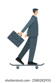 Man go skateboarding happily in suit to work or office