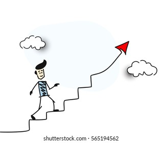 Man Go Up Stairs Red Arrow Financial Success Symbol, Cartoon Hand Drawn Sketch Vector illustration. 