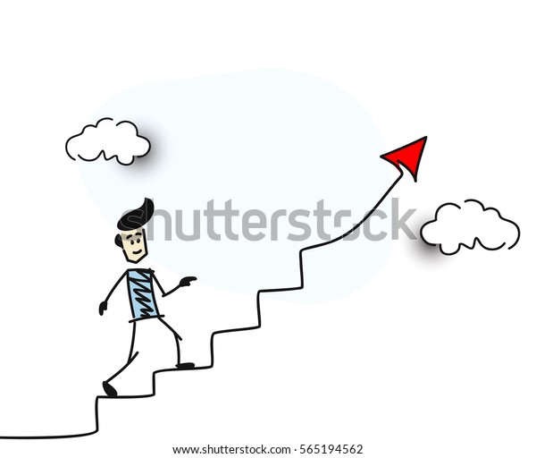 男性が階段を上る赤い矢印の財務上の成功記号 カートーン手描きのスケッチベクターイラスト のベクター画像素材 ロイヤリティフリー