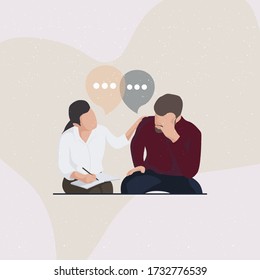 Man go to therapist, man need problem solving for their self, therapist and stressed man vector illustration
