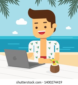 Man go to travel in summer holiday,man working on his laptop at the beach while enjoying tropical fruit and a cocktail