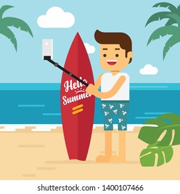 Man go to travel in summer holiday,Surfer man with board in hand, makes selfie photo