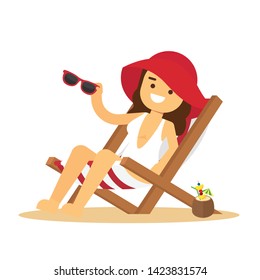 Man go to travel in summer holiday,woman sitting in beach chair and taking sunbath on the beach seacoast