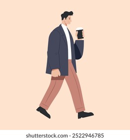 Man go to work side view. Business worker holds coffee paper cup. An employee in a formal office outfit. Flat isolated vector illustration from the background.