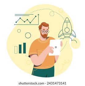 Man with goal setting. Young guy with glasses near graphs and rocket. Start up and business project. Talented entrepreneur and bsinessman. Cartoon flat vector illustration isolated on white background - Powered by Shutterstock - Get 15% off with code: PIKWIZARD15