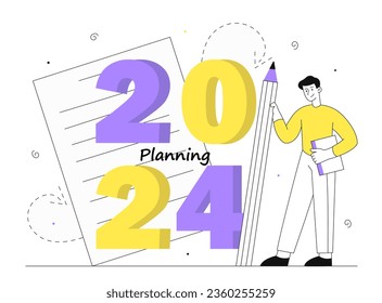 Man with goals 2024 line concept. Young guy with large pencil and list. Planning and goal, task setting, motivation and success. New Year scheduling. Linear flat vector illustration