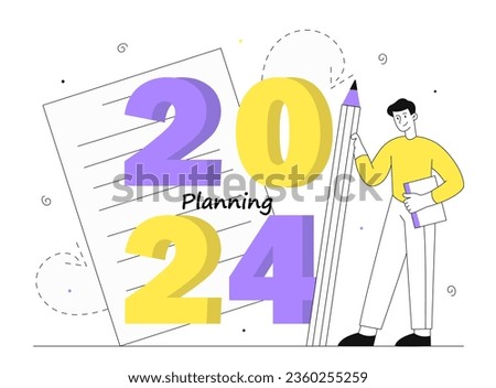 Man with goals 2024 line concept. Young guy with large pencil and list. Planning and goal, task setting, motivation and success. New Year scheduling. Linear flat vector illustration