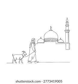 Man, goat, mosque, Islamic tradition, Eid, sacrifice.