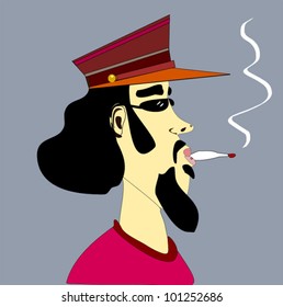 Man with goatee and funny hat smoking medical marijuana