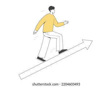 Man  goes along the big arrow up. Vector outline illustration